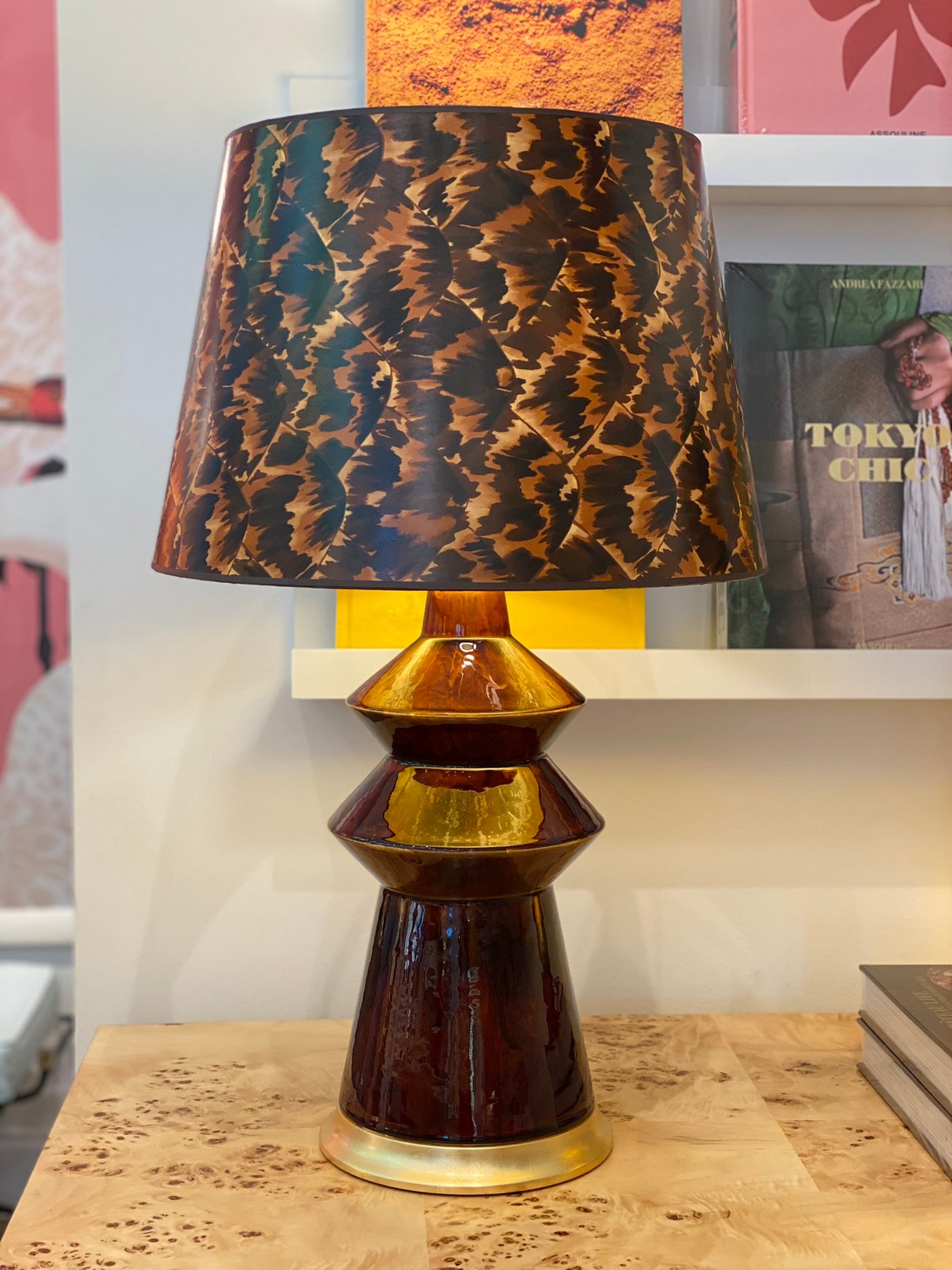 Hwang Bishop Malibu Table Lamp in Tortoise with a Gold Base