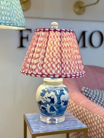 Fermoie Fuchsia Wicker Lampshade on Blue and White Mini Lamp