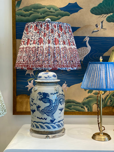 Ian Sanderson lampshade on a blue and white jar lamp