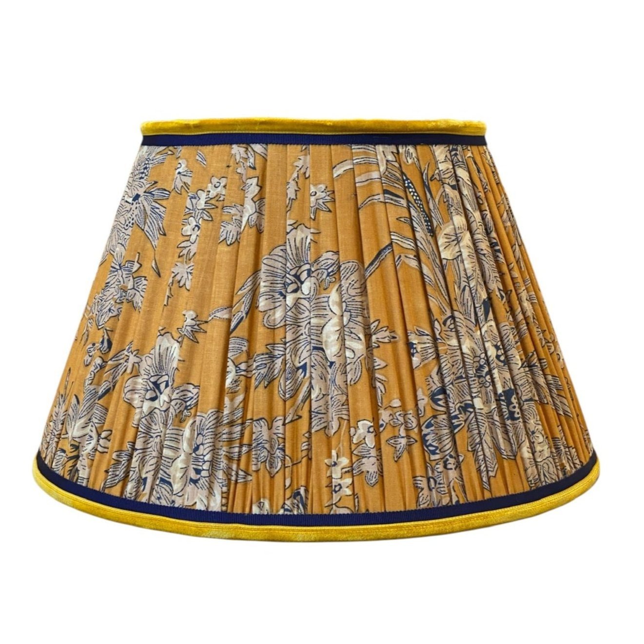 Mustard Navy Flower Block Print Lampshade With Velvet & Grosgrain Trim