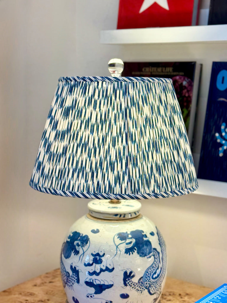 Ian Sanderson Indigo Quiver Lampshade on a Blue and White Lamp
