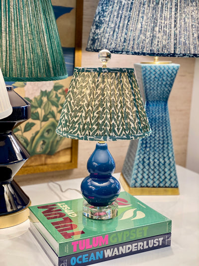 Luxury Fermoie Aventurine Rabanna empire lampshade with green and white pleated pattern, displayed on a blue mini lamp