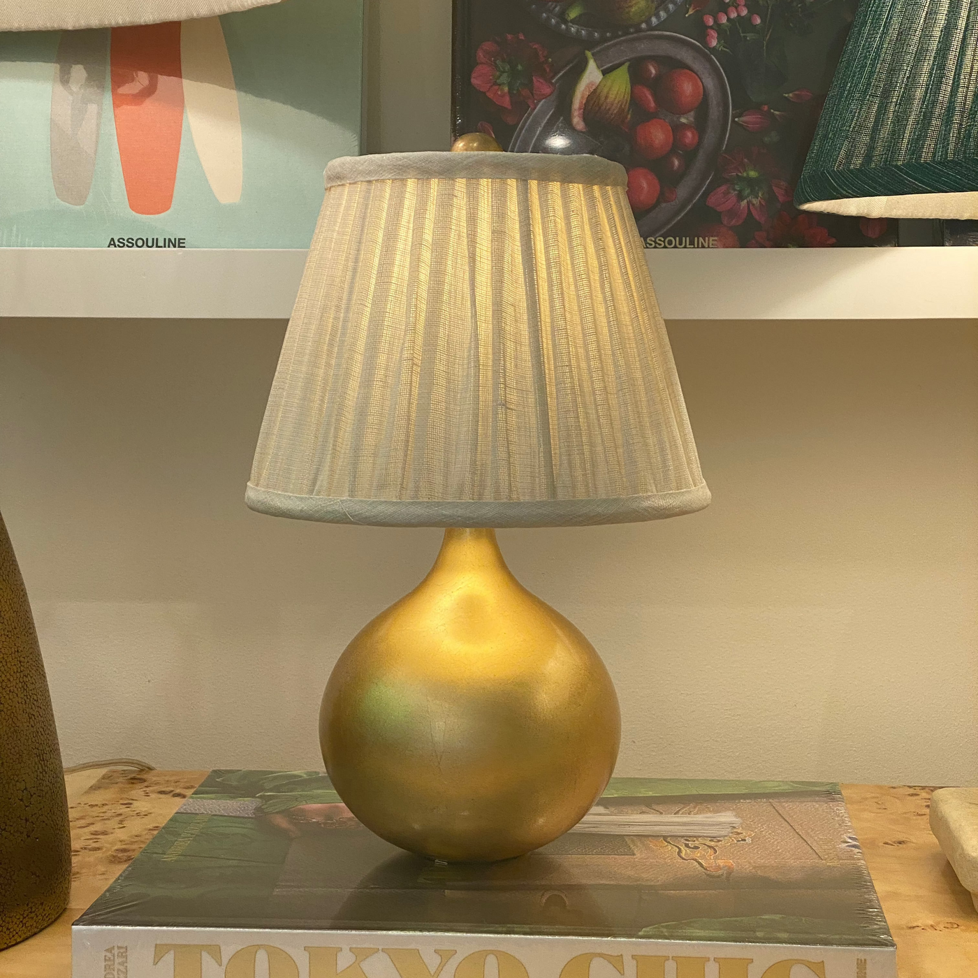 Luxury designer Fermoie Cream Moire empire lampshade with pleated cream linen fabric on gold lamp