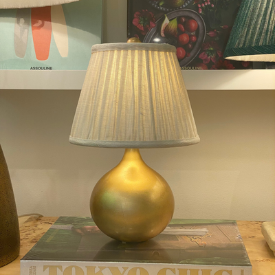 Luxury designer Fermoie Cream Moire empire lampshade with pleated cream linen fabric on gold lamp