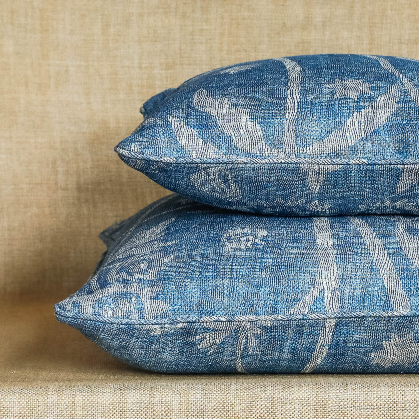 Fermoie cushion stack in Blue Astrea fabric linen