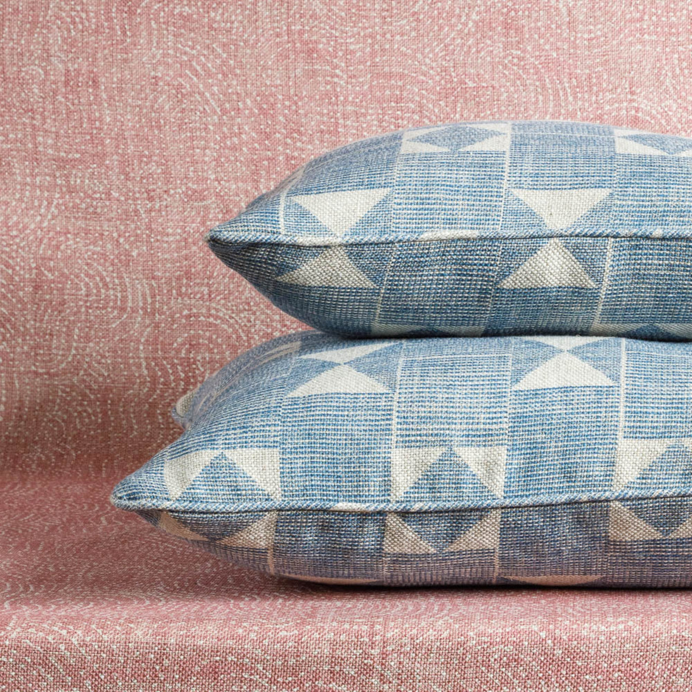 Fermoie cushion stack in Blue Flag fabric linen