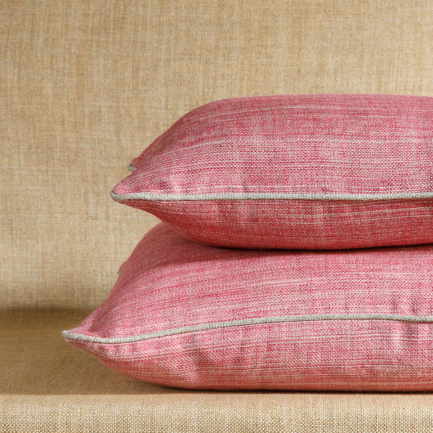 Fermoie cushion stack in Colonel pink fabric linen