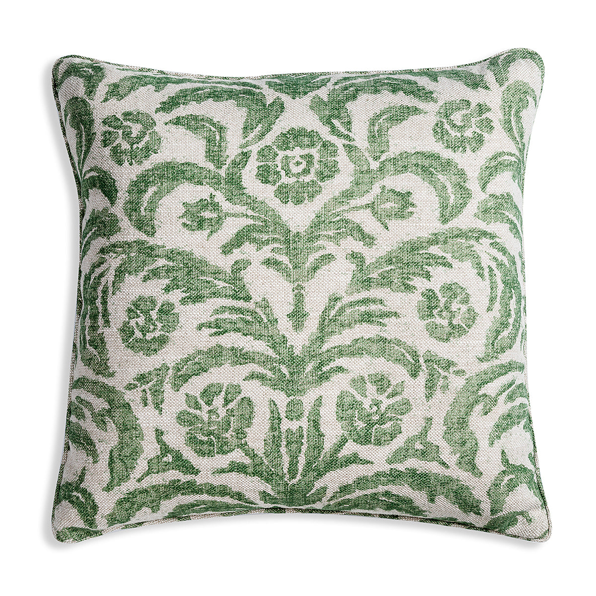 Large square designer Fermoie cushion in Green Marlborough fabric linen