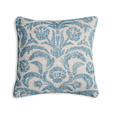 Small square designer Fermoie cushion in Light Blue Marlborough fabric linen