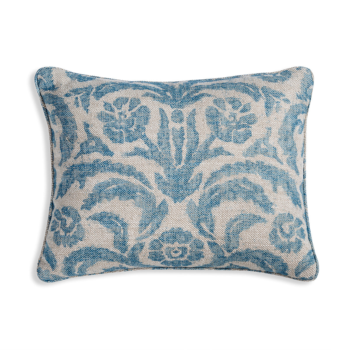 Small oblong designer Fermoie cushion in Light Blue Marlborough fabric linen