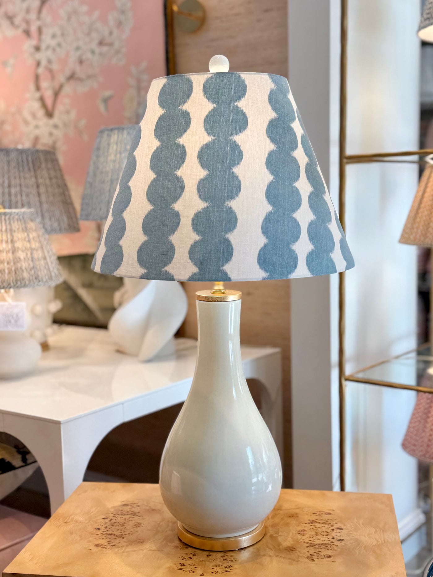 Full Circle in Sky Light Blue Fabric Lampshade on Ivory Porcelain Dove Lamp, Gold Leaf Base