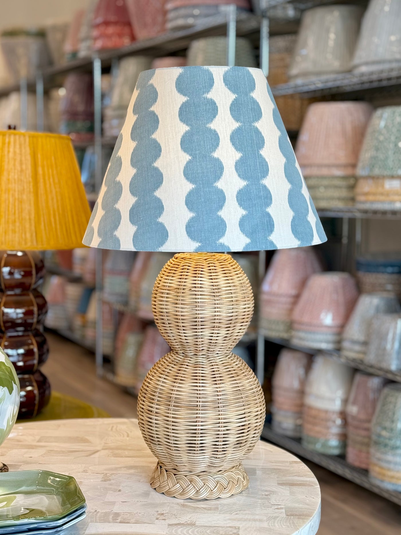 Full Circle in Sky Light Blue Fabric Lampshade on Braided Double Gourd Lamp