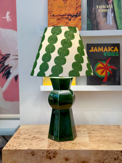 Full Circle in Jungle Green Fabric Lampshade on Hwang Bishop Medina Table Lamp in Thyme