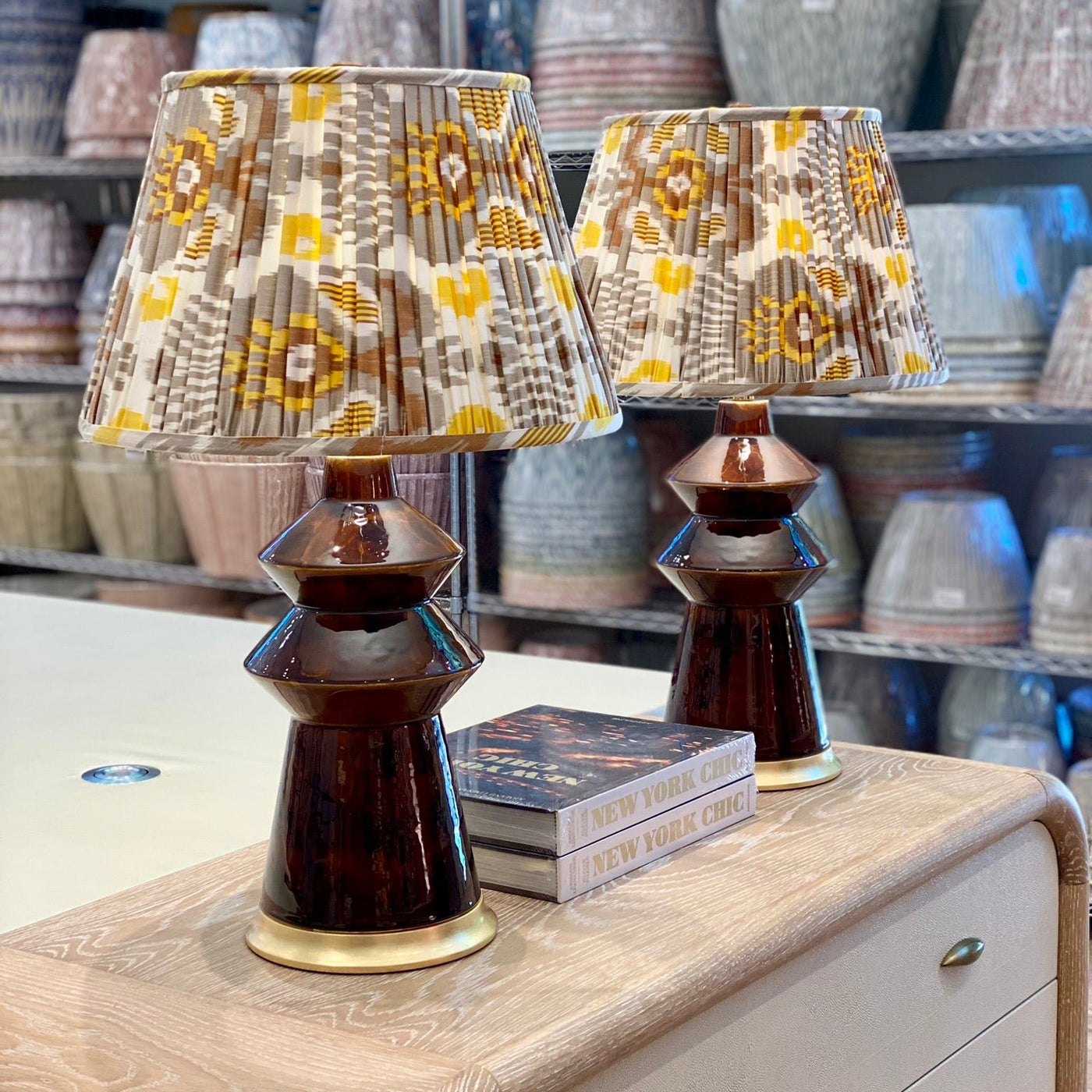 Ikat lampshades on Hwang Bishop tortoise lamps