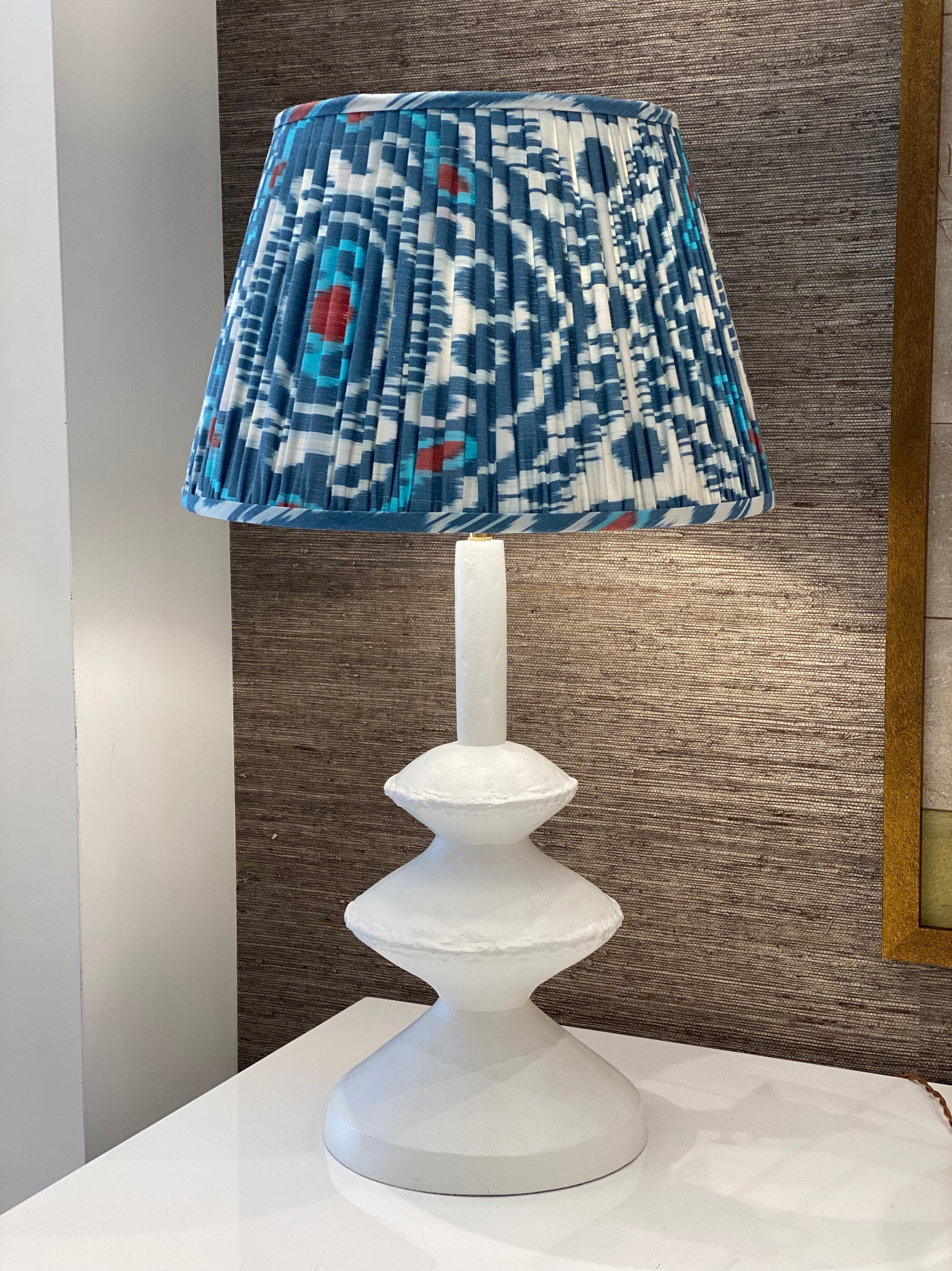 White table lamp with ikat lampshade