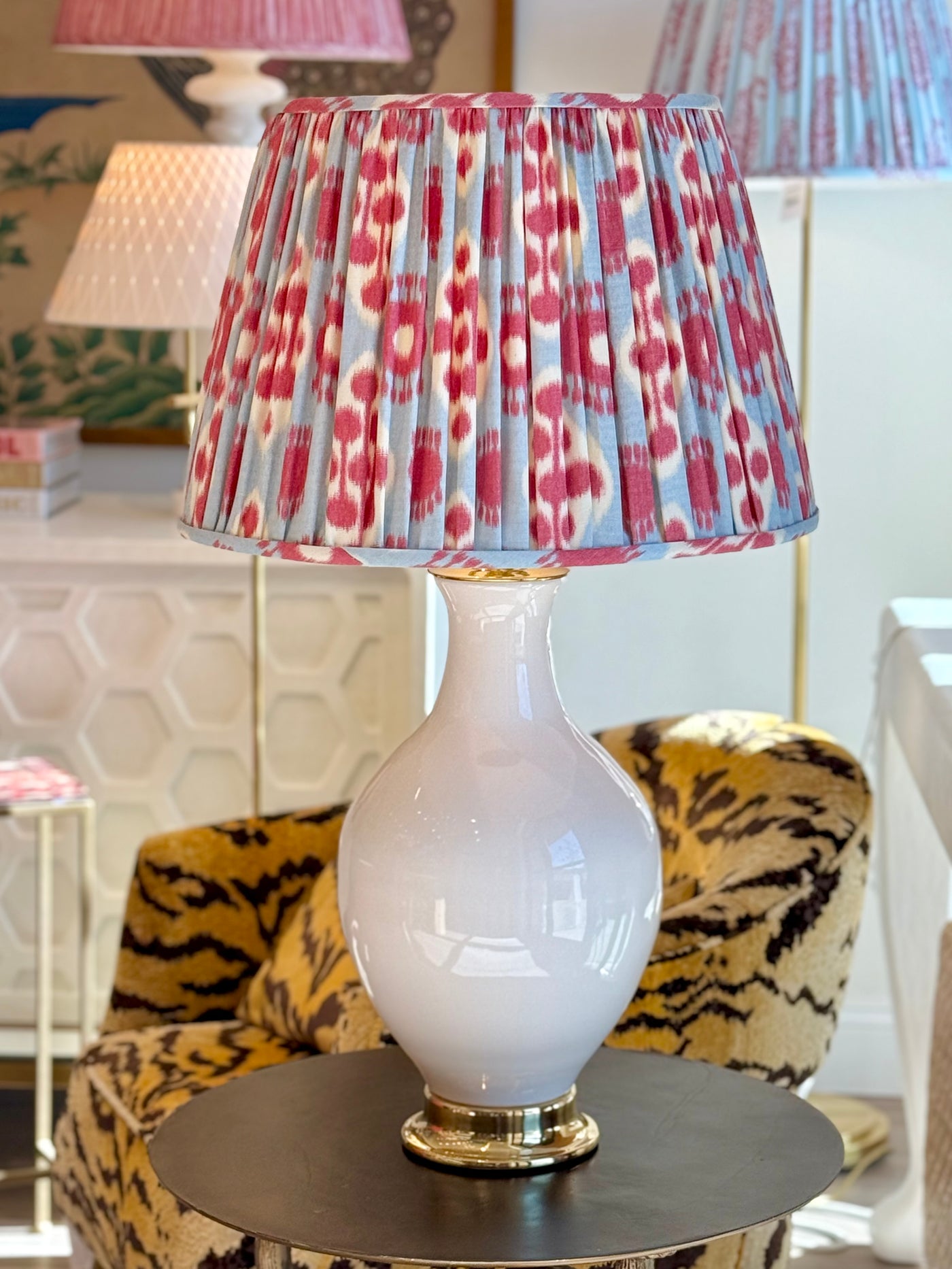 Schumacher - Hamilton Ikat in Sky Blue & Cherry Red Fabric Lampshade