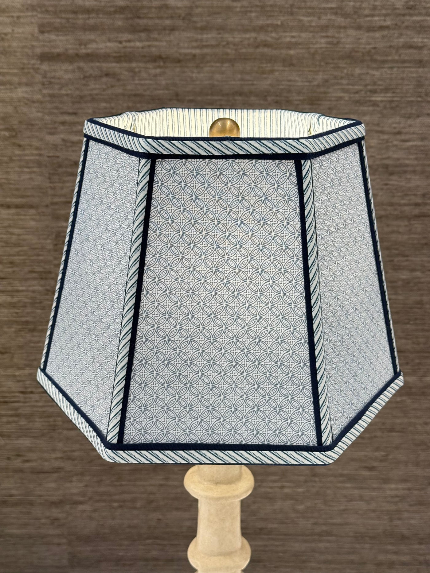 Hexagon - Ian Sanderson Moresque French Blue Exterior/Navy Flo Stripe Interior Lampshade with Double Trim