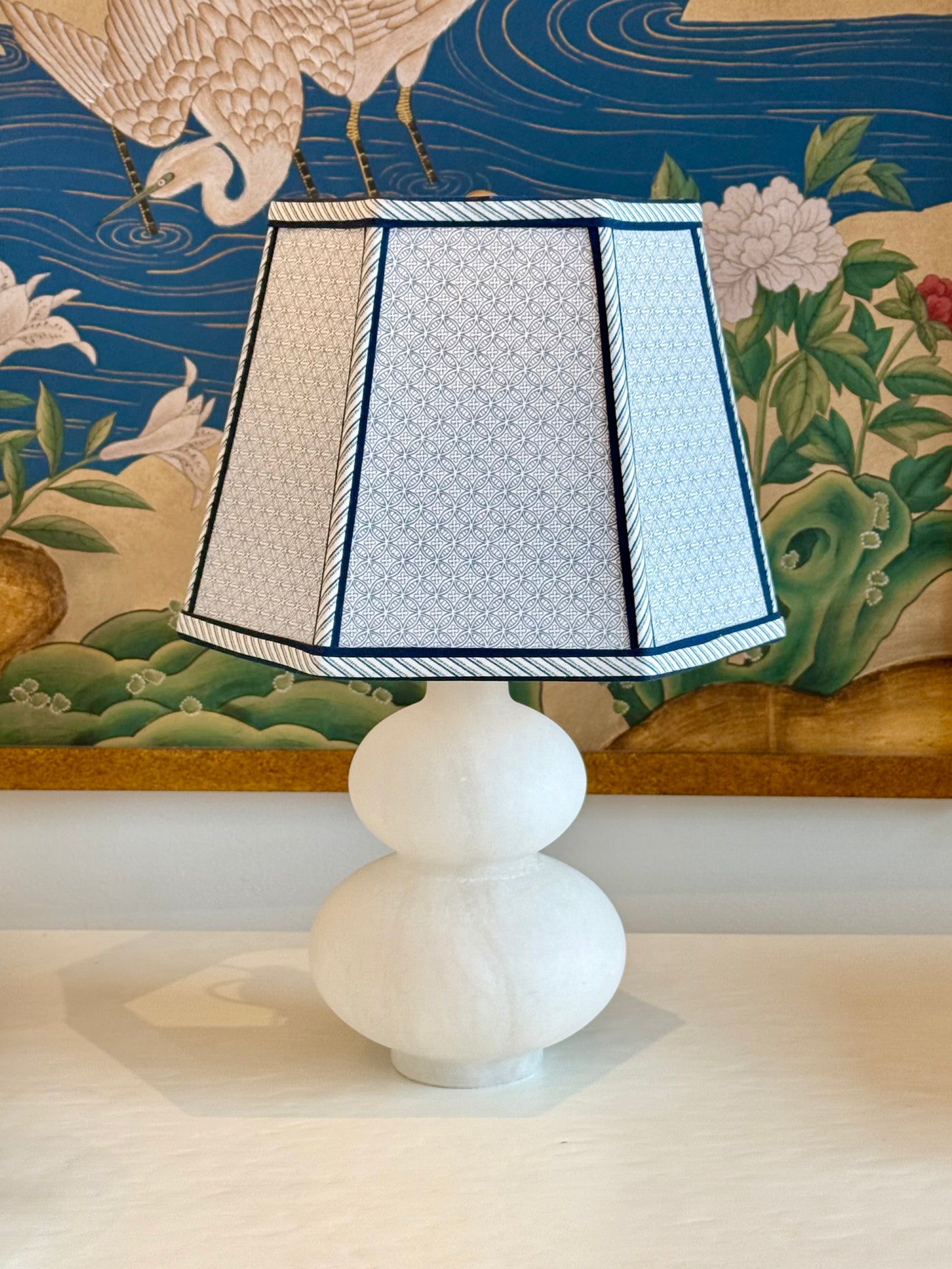 Hexagon - Ian Sanderson Moresque French Blue Exterior/Navy Flo Stripe Interior Lampshade with Double Trim