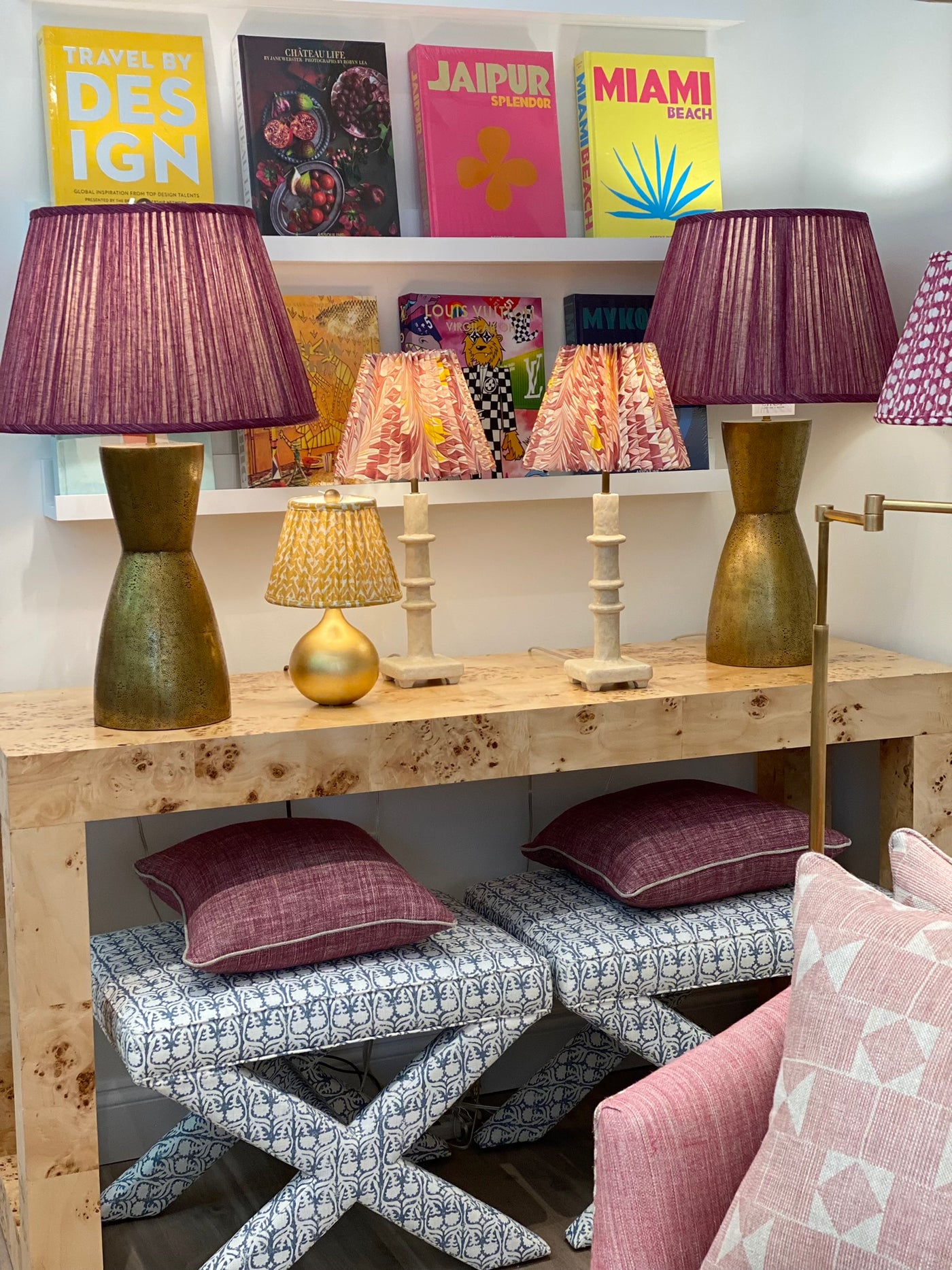 Marbled lampshades on small lamps and large brass lamps with Fermoie Lampshades