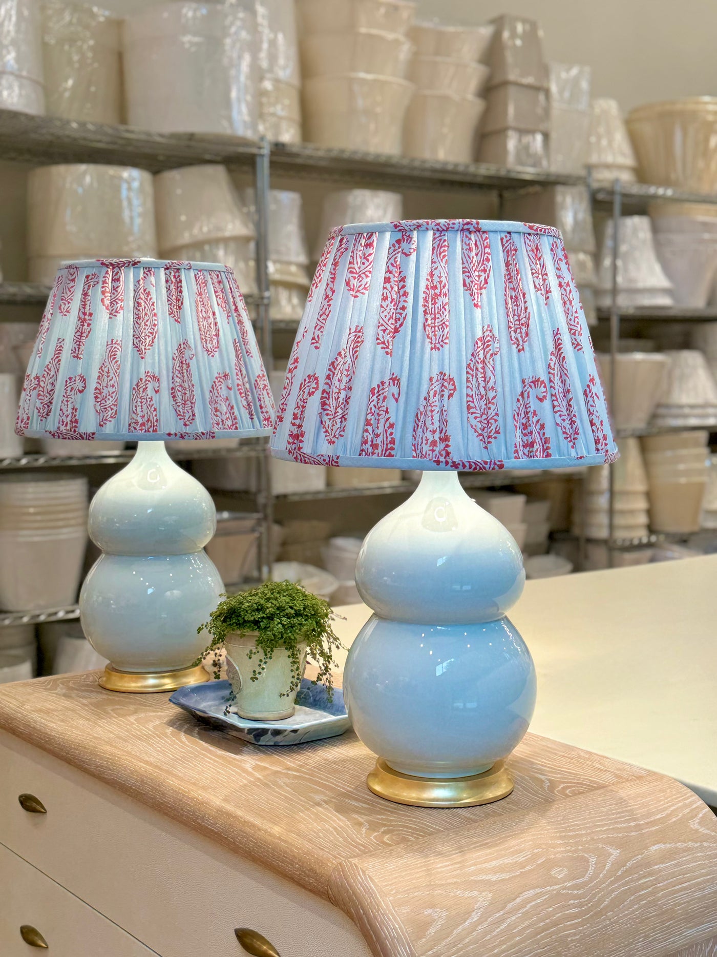 Peter Dunham Kashmir Paisley lampshade on Sky blue Hwang Bishop Lamps