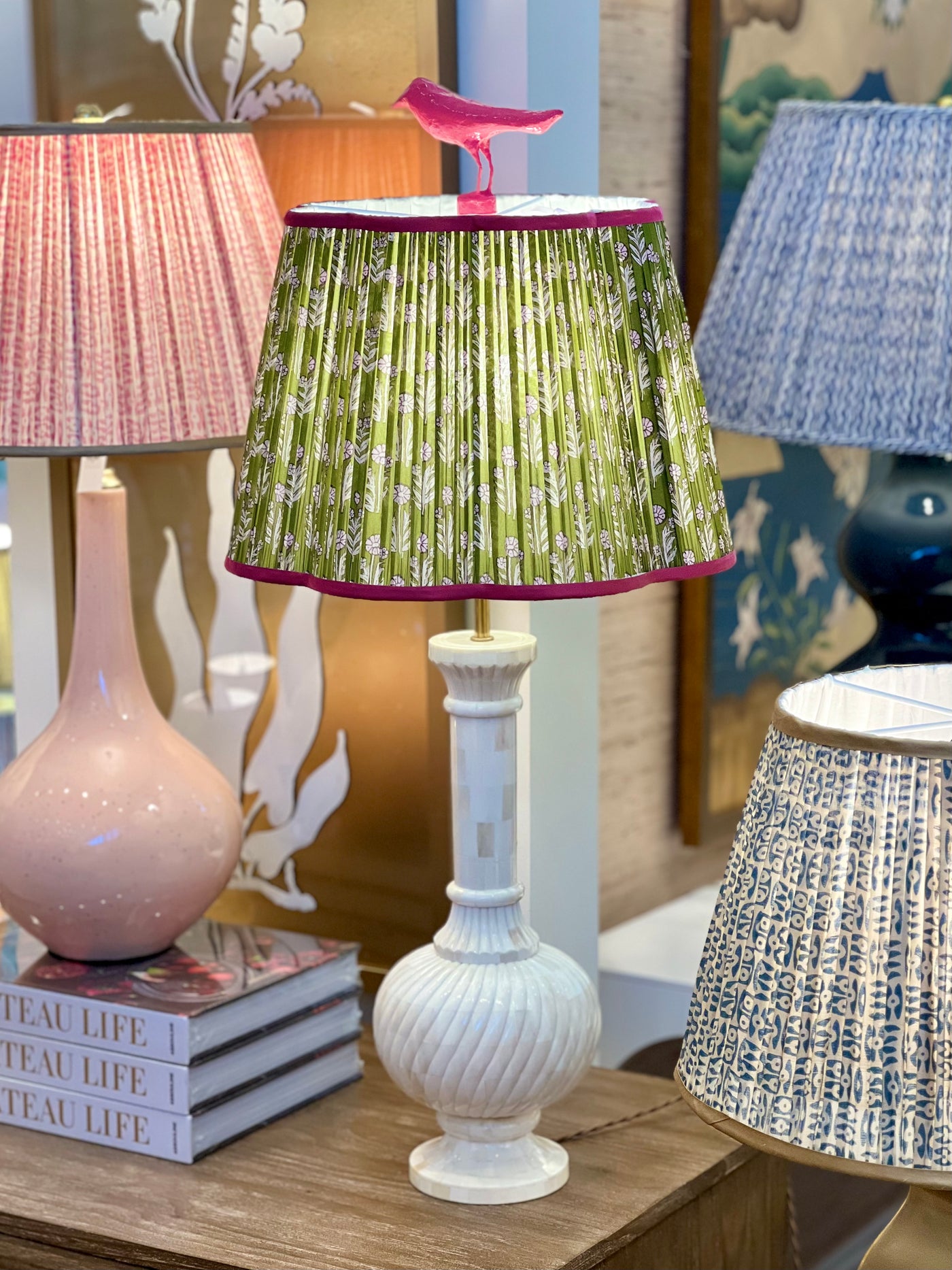 Penny Morrison Lampshade and Lamp with a pink bird finial