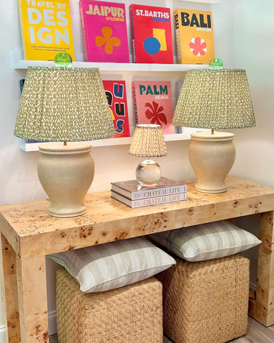 Green Fermoie lampshades on large neutral lamps