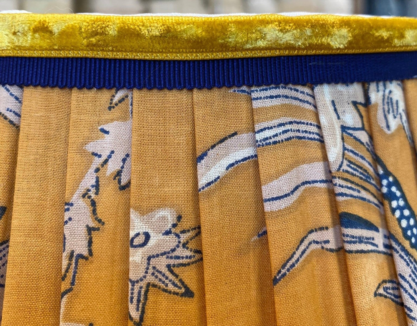 Velvet and grosgrain trim on a block print lampshade