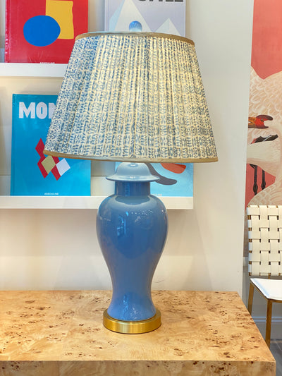 Blue Temple Jar Lamp with a Penny Morrison Lampshade