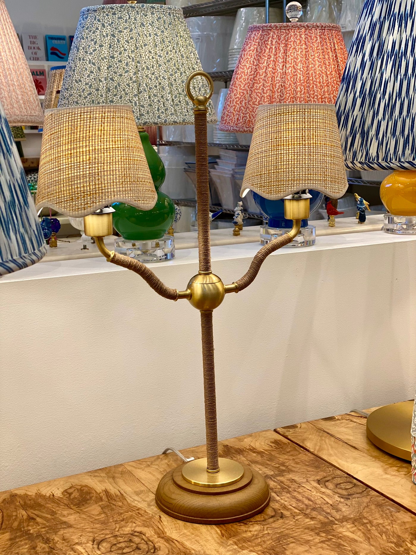 scalloped raffia shades on a desk lamp