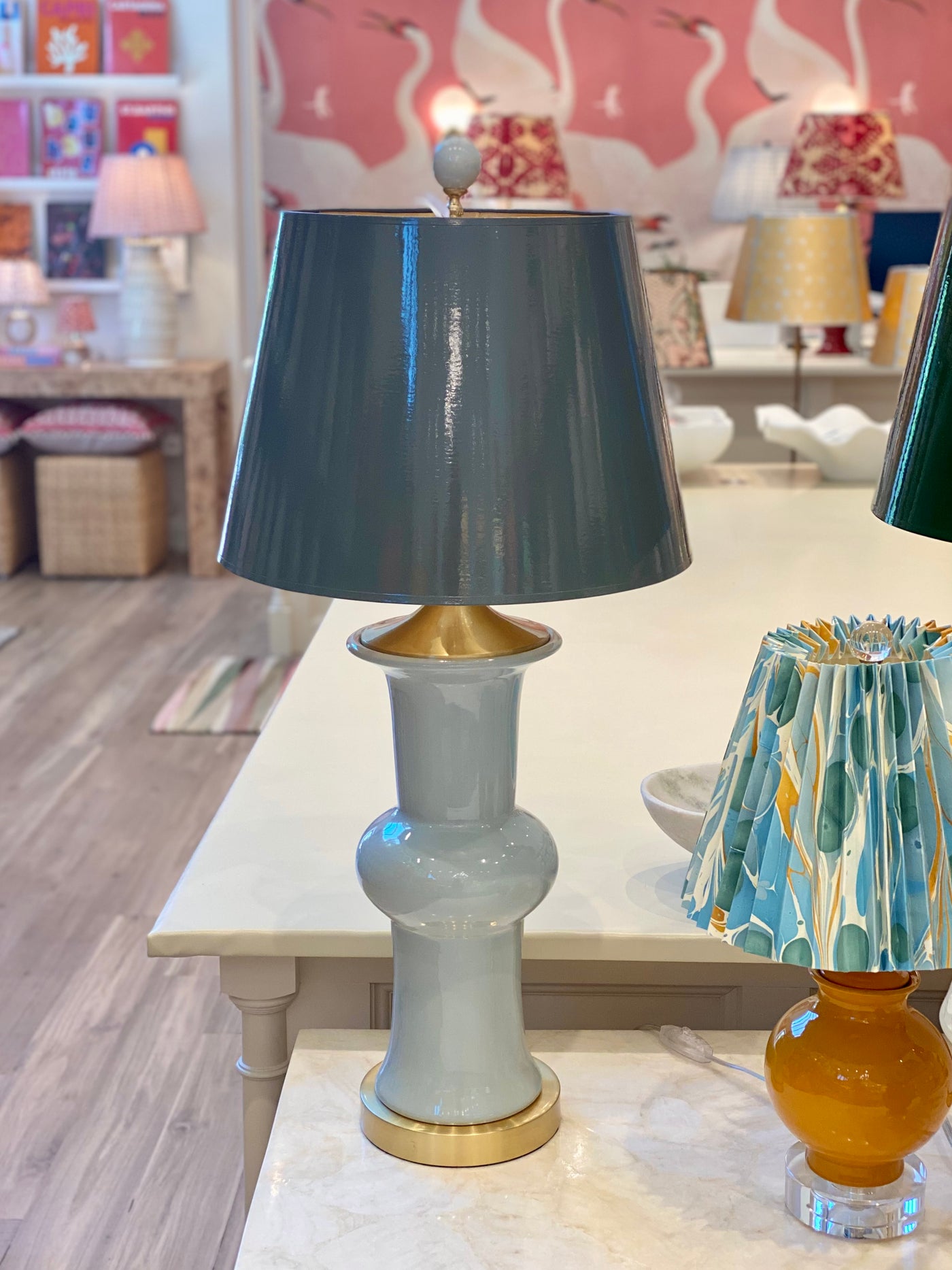 Farrow & Ball paint lampshade and blue lamp