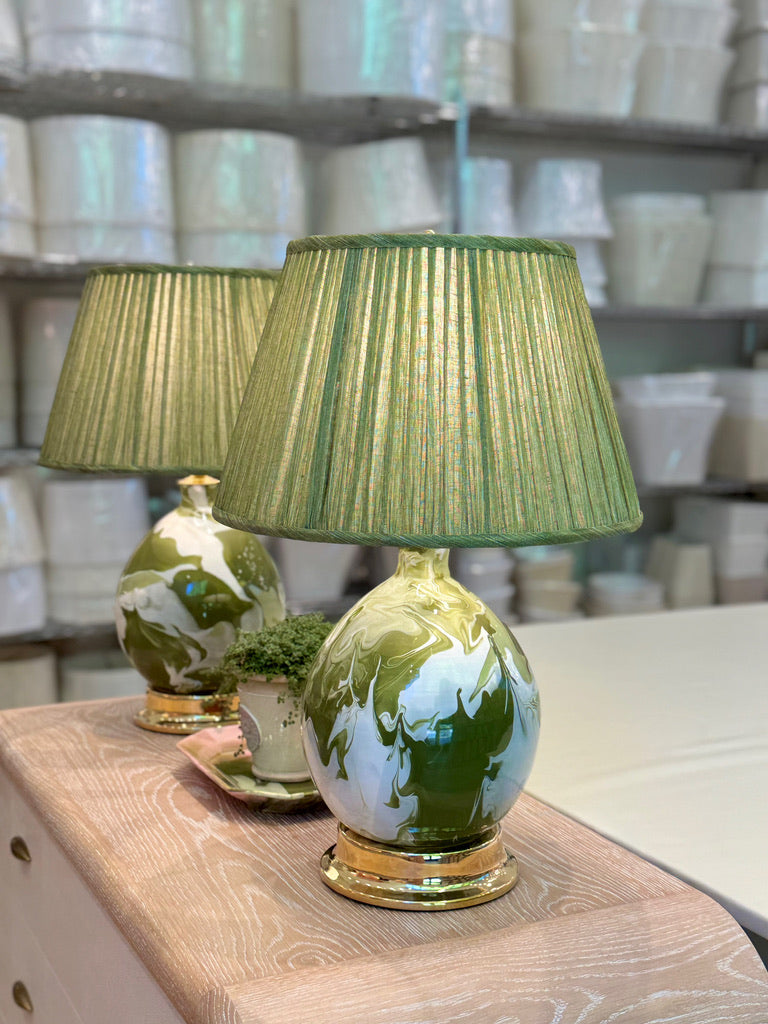 Paul Schneider green geode lamps and Fermoie lampshades