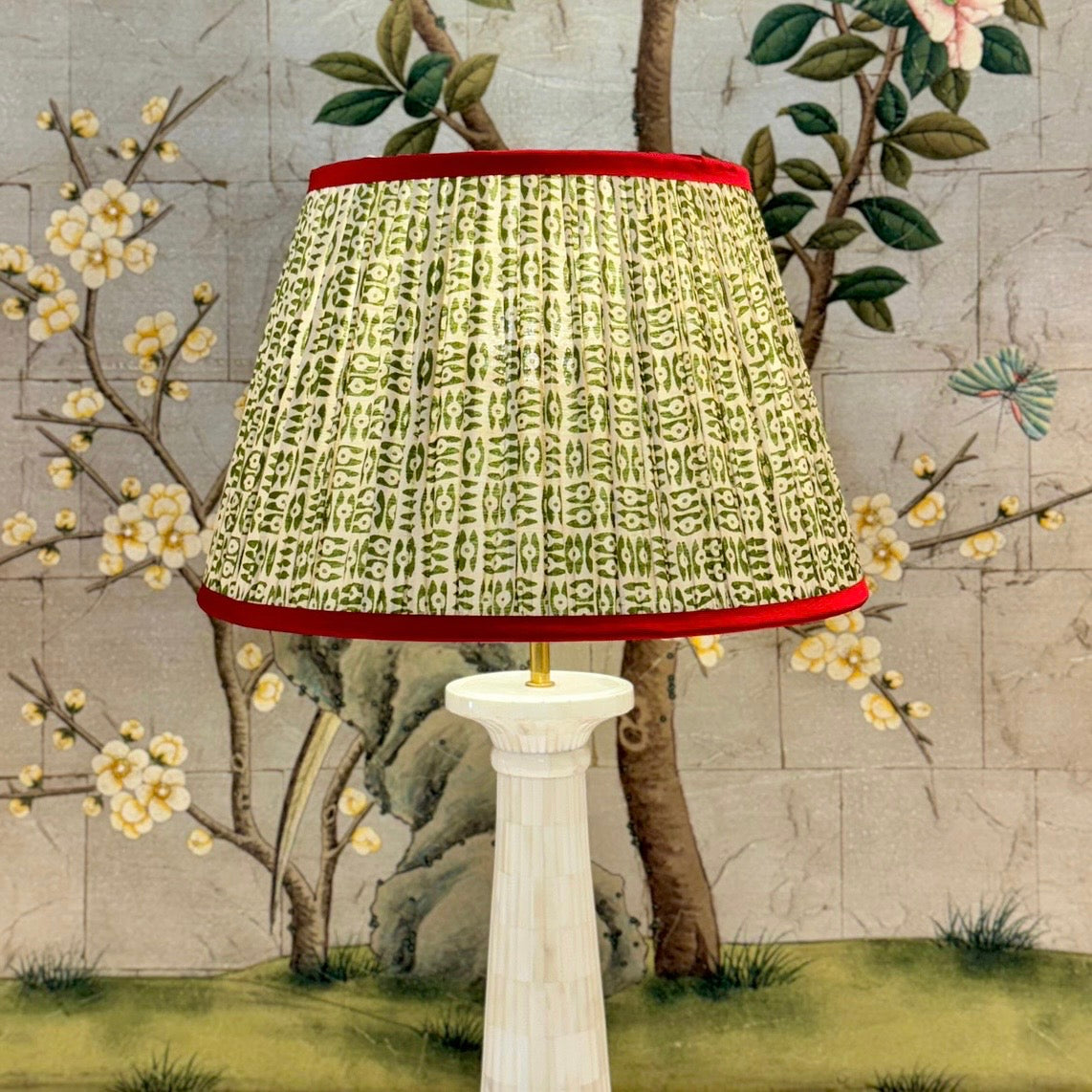 Penny Morrison Green on White Tribal Lampshade with Red Trim