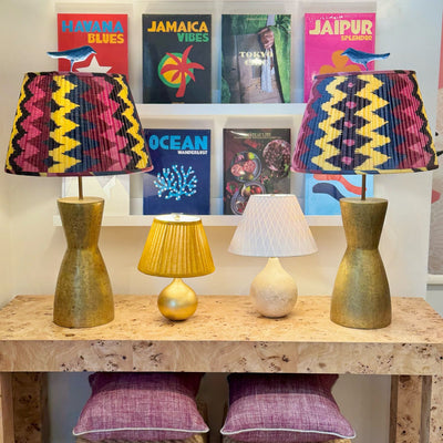 Ikat lampshades on brass lamps