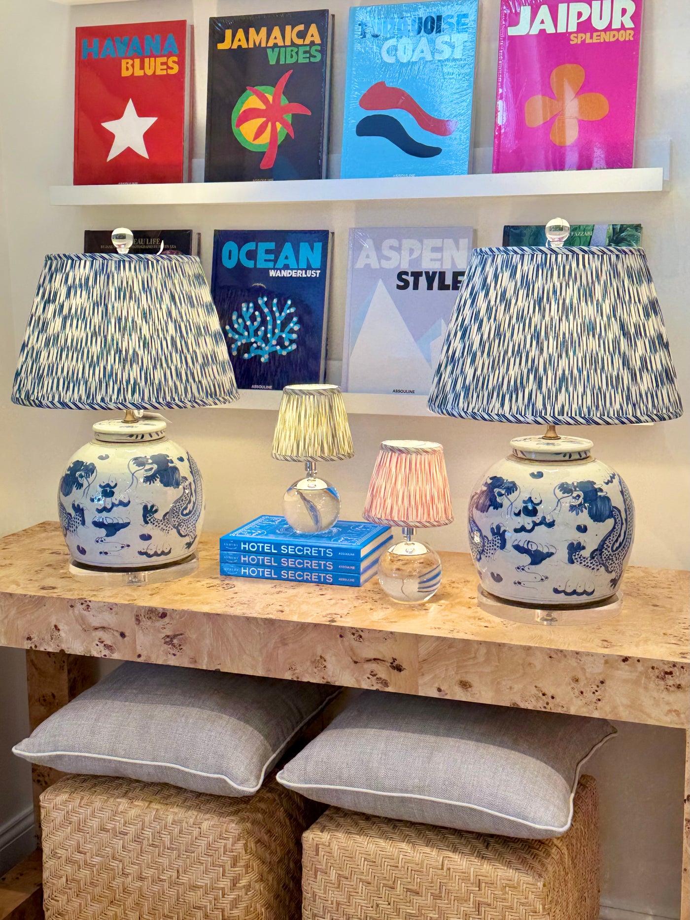 Ian Sanderson Lampshades on Large Blue and White Lamps