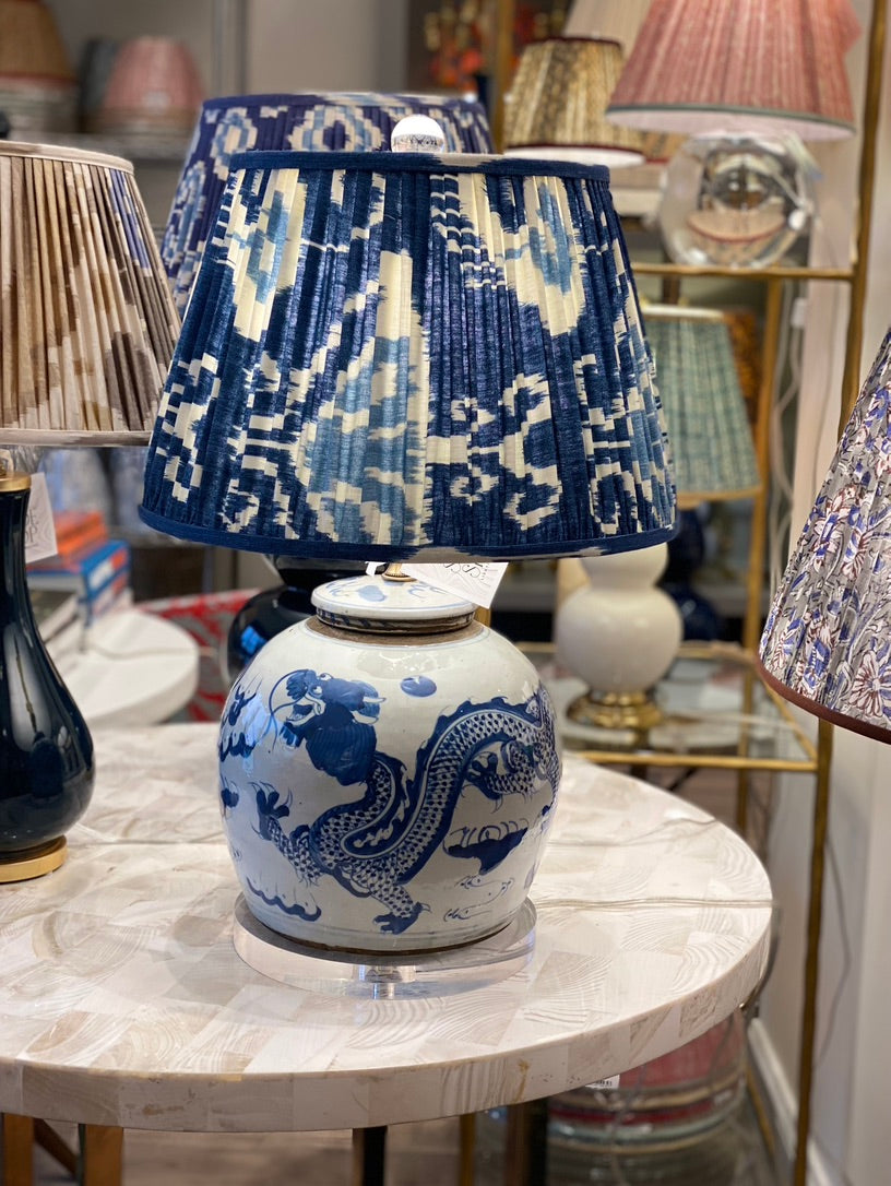 Ikat lampshade on a blue and white jar lamp