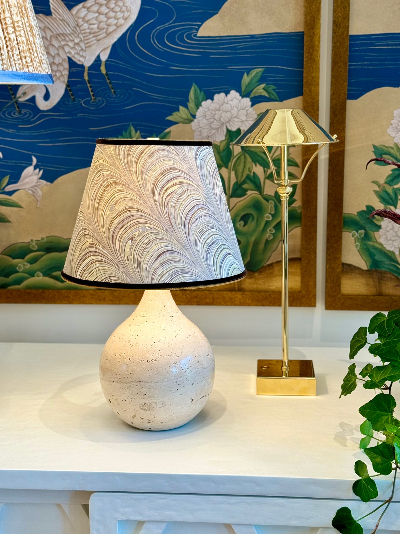 Marbled Paper Lampshade on Travertine Lamp