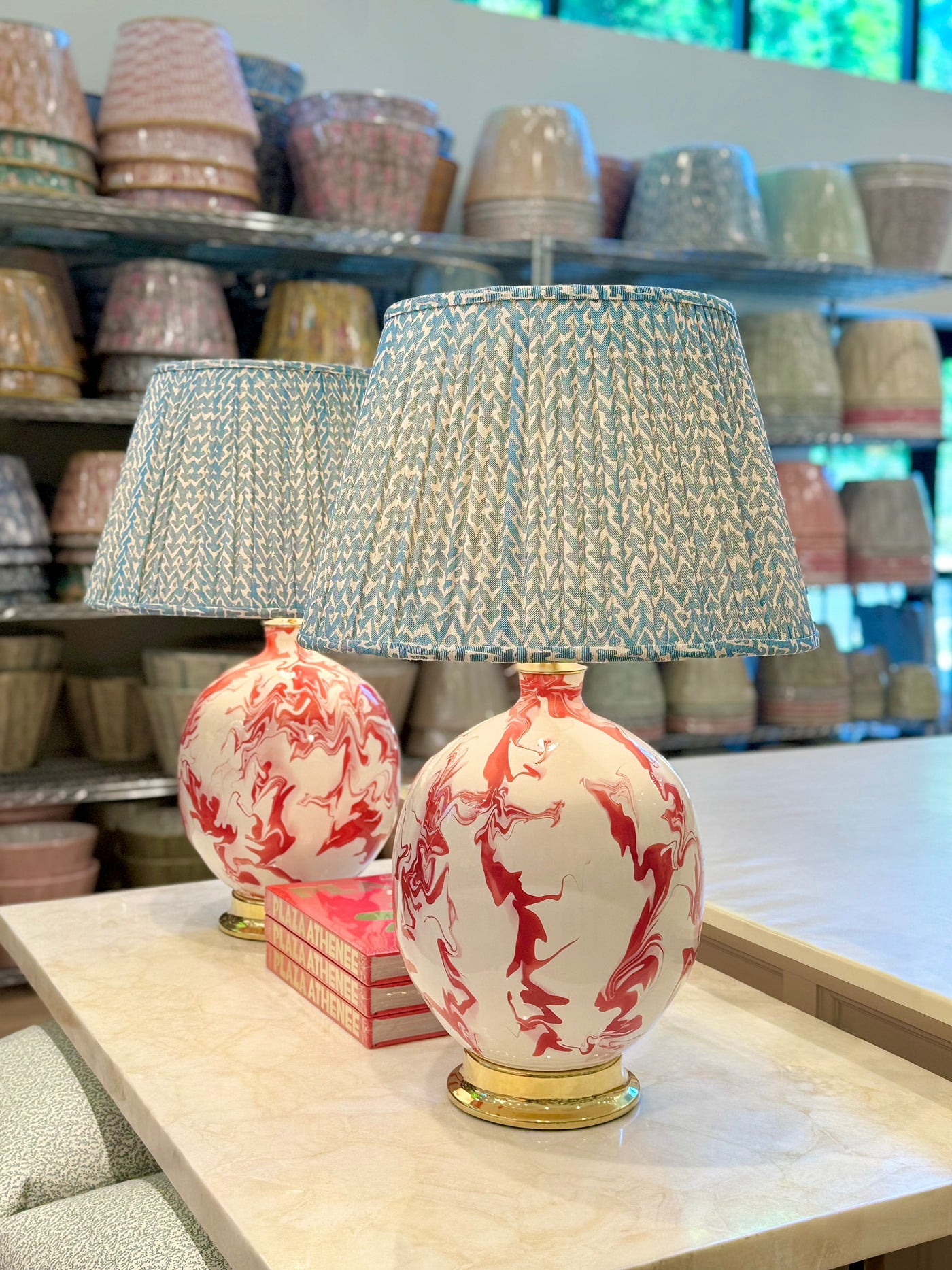 Red Marfa Lamps and Fermoie Blue Rabanna Lampshades
