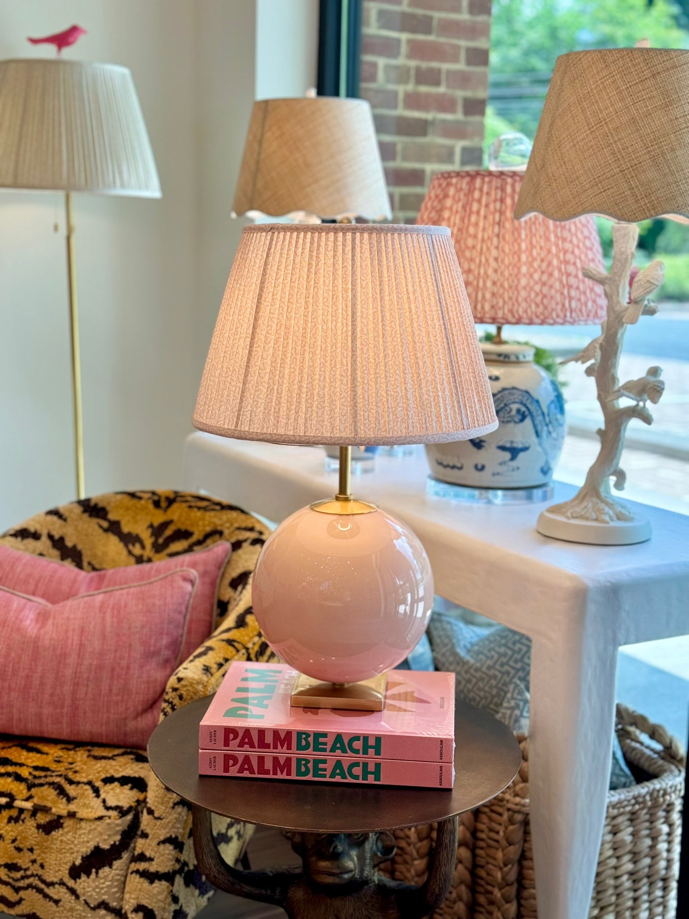 Ian Sanderson Petra Bisque Lampshade on a pink globe lamp