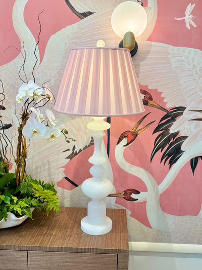 Pink Silk Box Pleat Lampshade on Alabaster Lamp