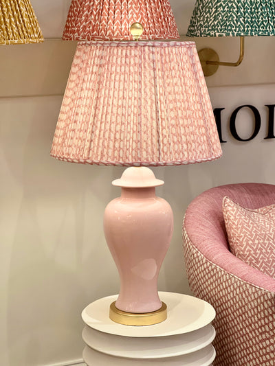 Fermoie Pink Wicker Lampshade on a pink lamp
