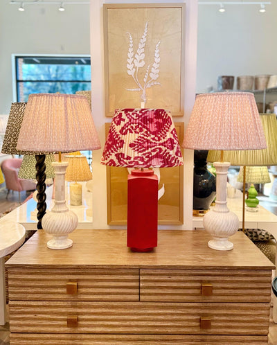 Penny Morrison Bone Lamps and Fermoie Lampshades with Red Lamp and Ikat Lampshade