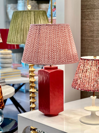 Fermoie Red Marden Lampshade on a red Julian Chichester Lamp