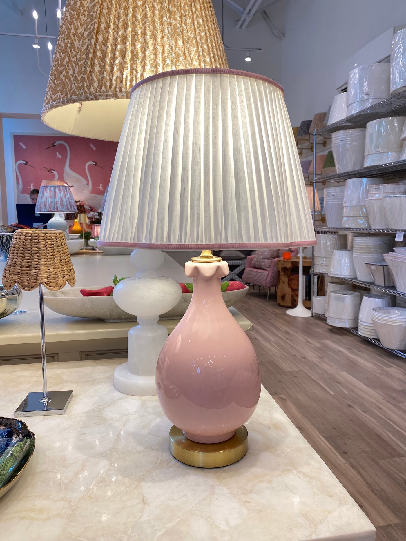 Scalloped lampshade on a pink petal lamp
