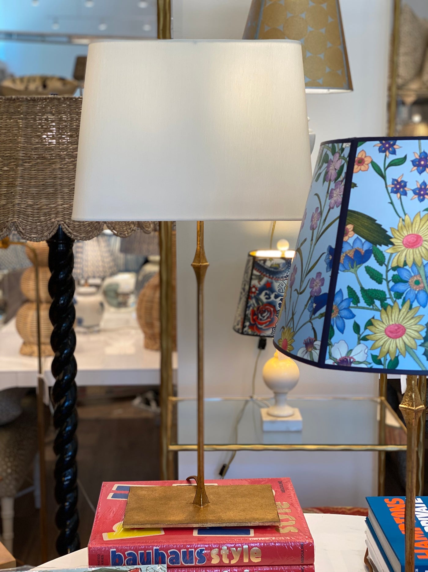 Silk rectangle lampshade on a brass table lamp