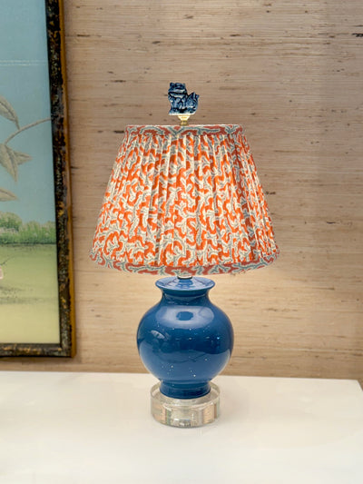 Blue lamp and Ian Sanderson Lampshade with blue foo dog finial