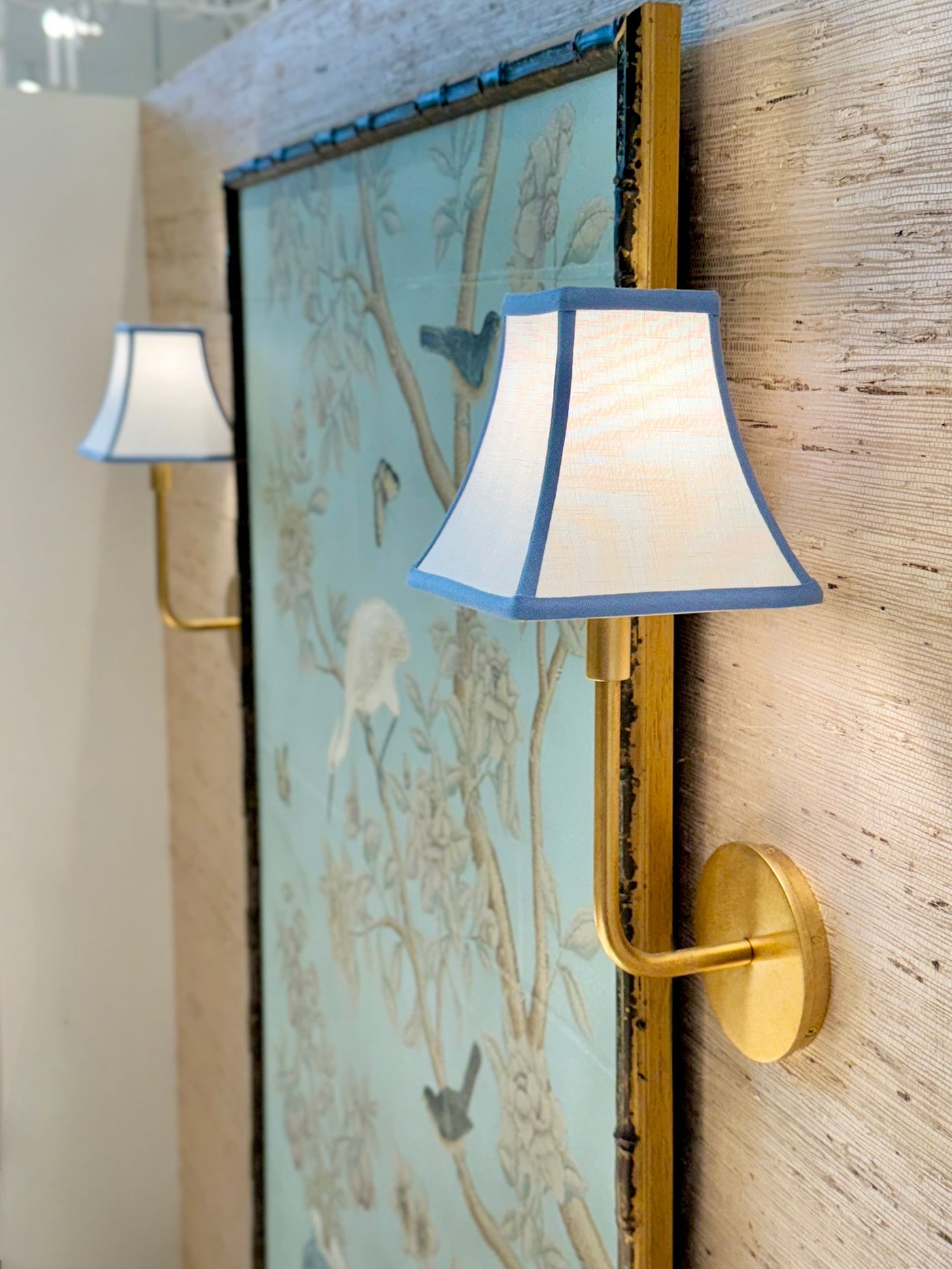 Square bell sconce shade with blue trim