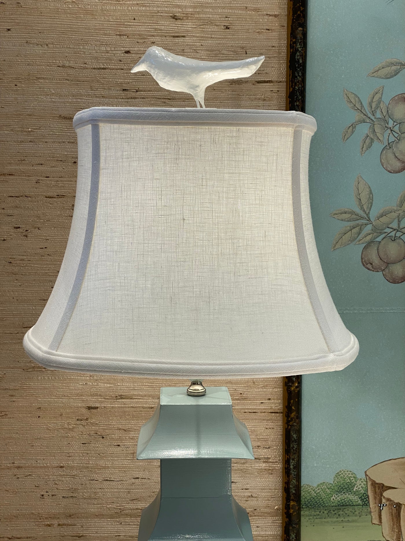 White linen square bell lampshade and white bird finial