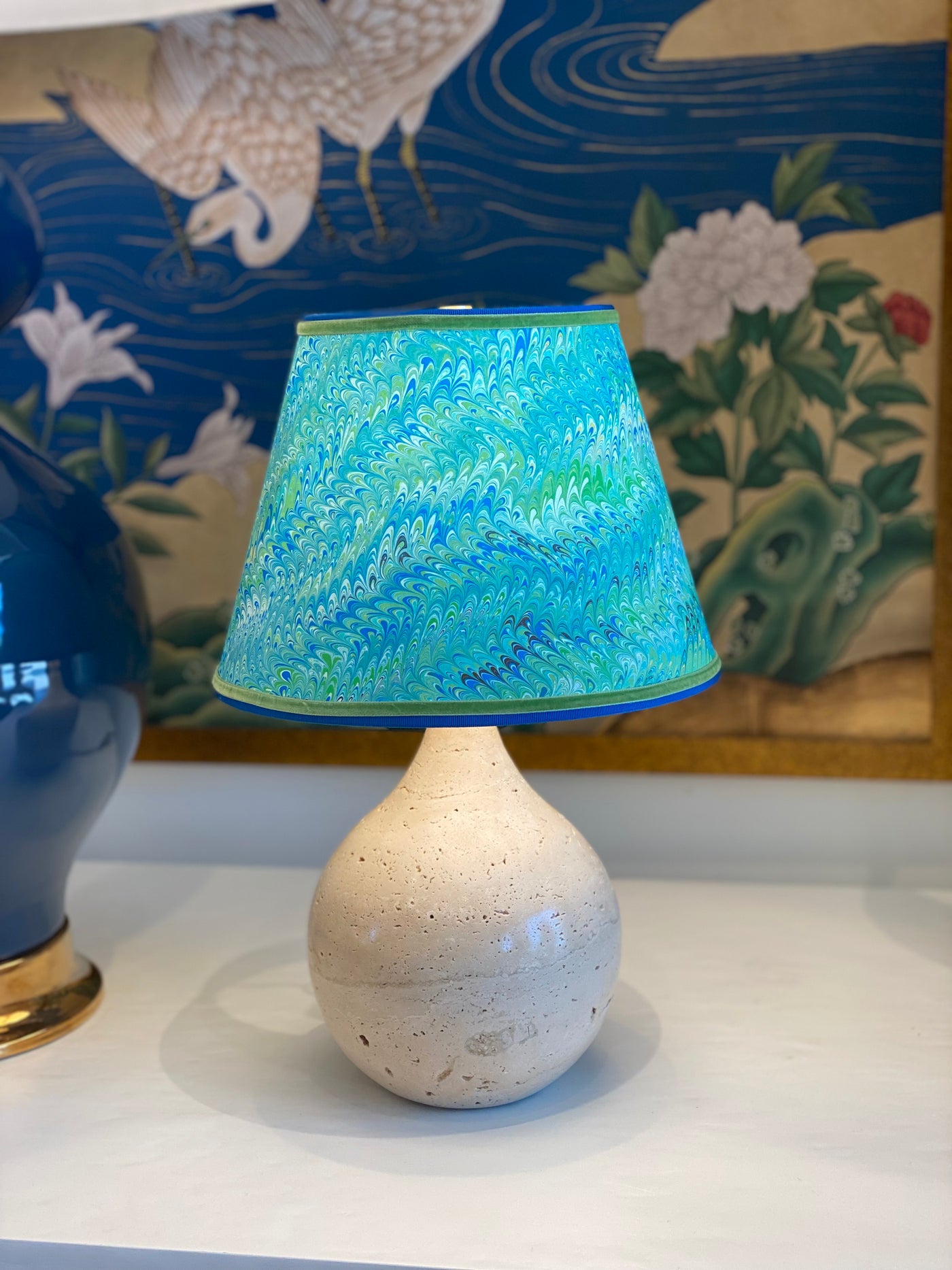 Teal Marbled Shade on a Travertine Lamp
