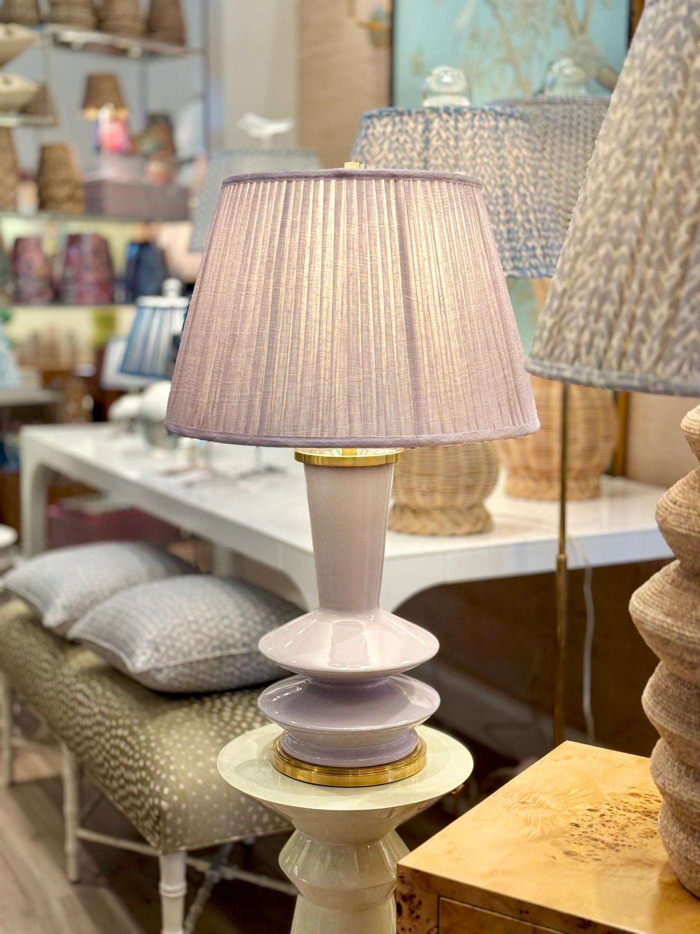 Pewter Moire Lampshade on a lilac lamp