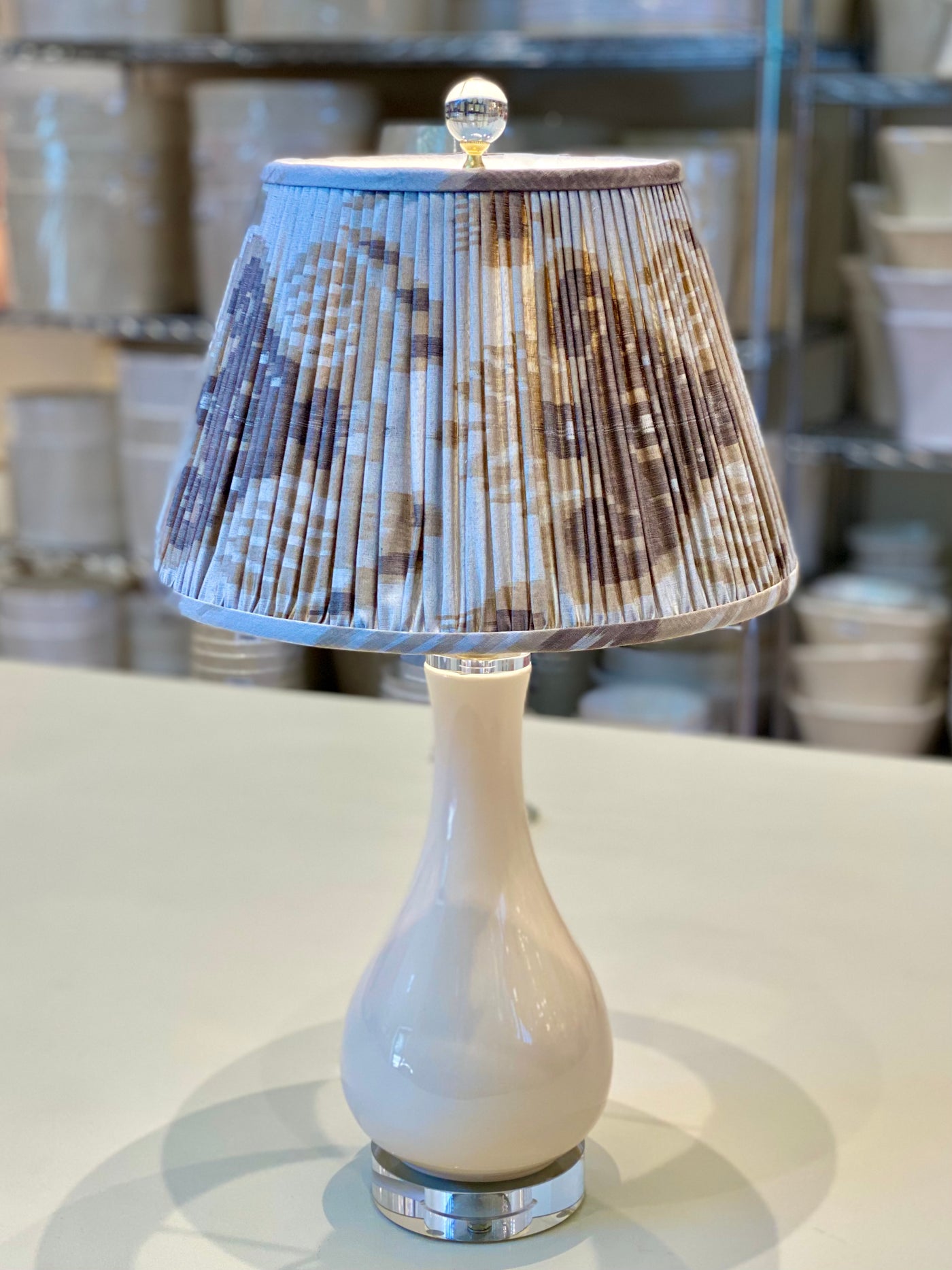 Ikat lampshade on ivory lamp